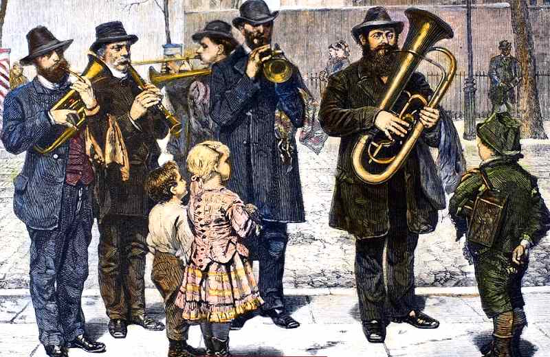 Eine deutsche Straßen-Band in New York, die auch Volkslieder spielt. Nach einem Gemälde von John Georg Brown, 1879,