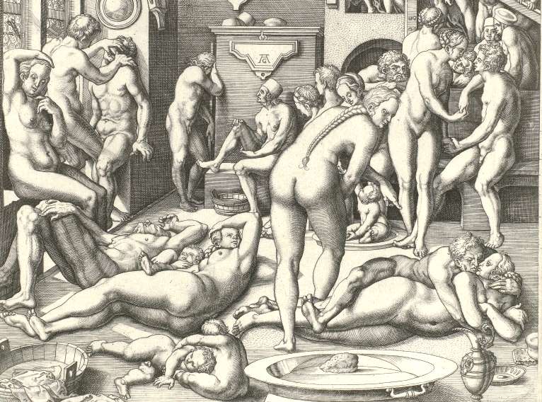 Badelust vor 1600: Kupferstich des Inneren eines Badehauses mit Männer und Frauen. Ausschnitt eines Kupferstichs von Virgil Solis (16. Jahrhundert)